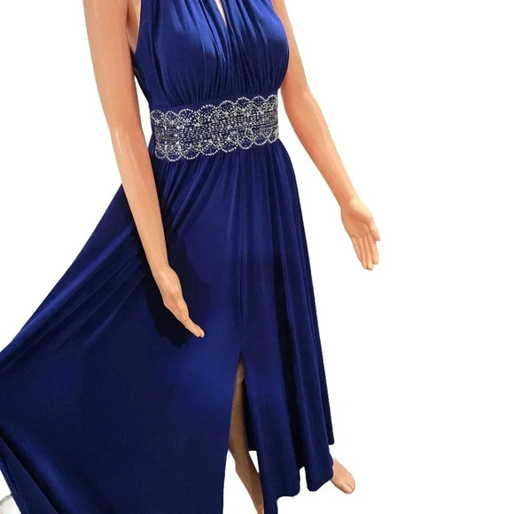 Royal Blue Sleeveless Evening Gown with Embellished Waist and Keyhole Neckline - Picture 5 of 11